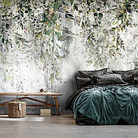 Флизелиновые фотообои в спальню над кроватью 368x254 см Листья на бетонной стене (14511V8)+клей