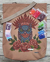 ЕКП_410 Пошитая эко-сумка Сова, набор для вышивания бисером