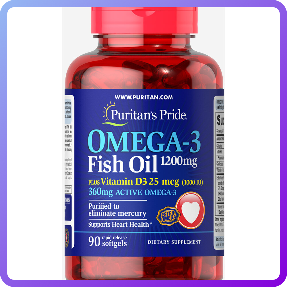 Комплекс незамінних жирних кислот Puritan's Pride Omega 3 Fish Oil 1200 мг plus Vitamin D3 1000IU (90 капс) (337409)