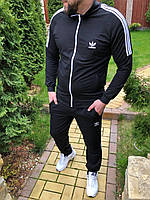 Костюм мужской хлопок Черный с белым Adidas , Молодежный спортивный костюм мужской , Легкий мужской костюм