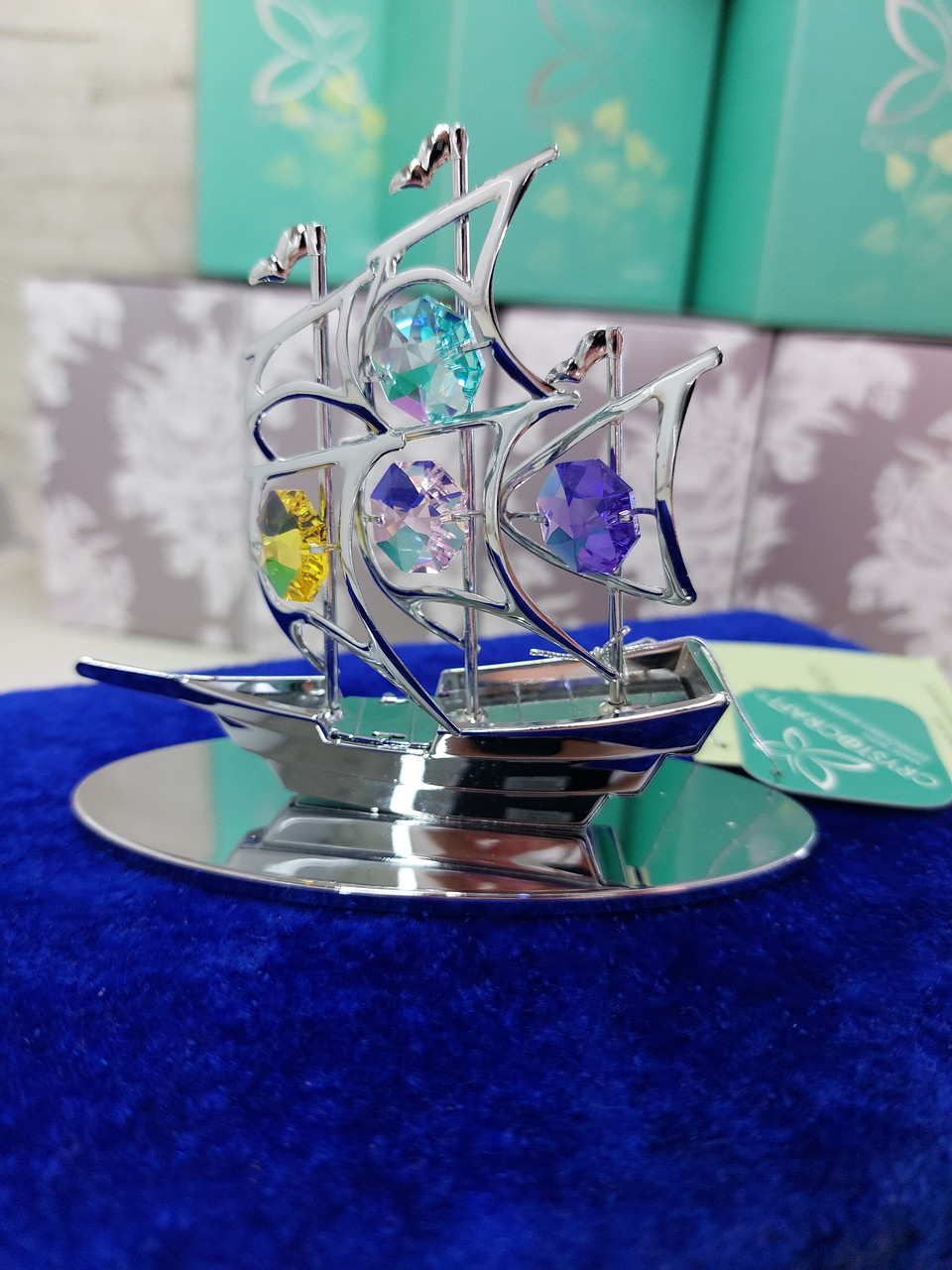 Статуетка "кораблик" 10 см crystocraft срібляста з кольоровими кристалами, фото 1
