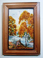 Картина с янтарной крошкой "Пень у реки"
