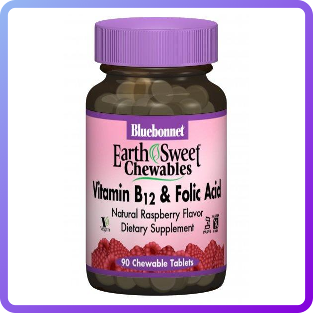 Вітамін В12 та Фолієва кислота Смак Малини Bluebonnet Nutrition Earth Sweet + folic acid 90 жев.таб (112455)