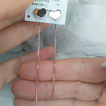Срібні позолочені сережки ланцюжки серце, сережки протяжки з серцями в позолоті, фото 2