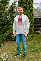 Белая льняная мужская вышиванка с красным орнаментом, украинская льняная сорочка-вишиванка Размер S