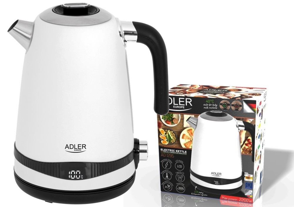Електрочайник Adler AD 1295W — 1.7 л, 2200 Вт, регуляція температури, LCD-дисплей