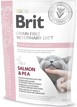 Беззерновий корм для котів при харчовій алергії з лососем Brit GF Veterinary Diet Hypoallergenic 400 г