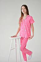 Красивая и стильная детская пижама для девочки на пуговицах (штаны и кофта) family look розовая 116-122