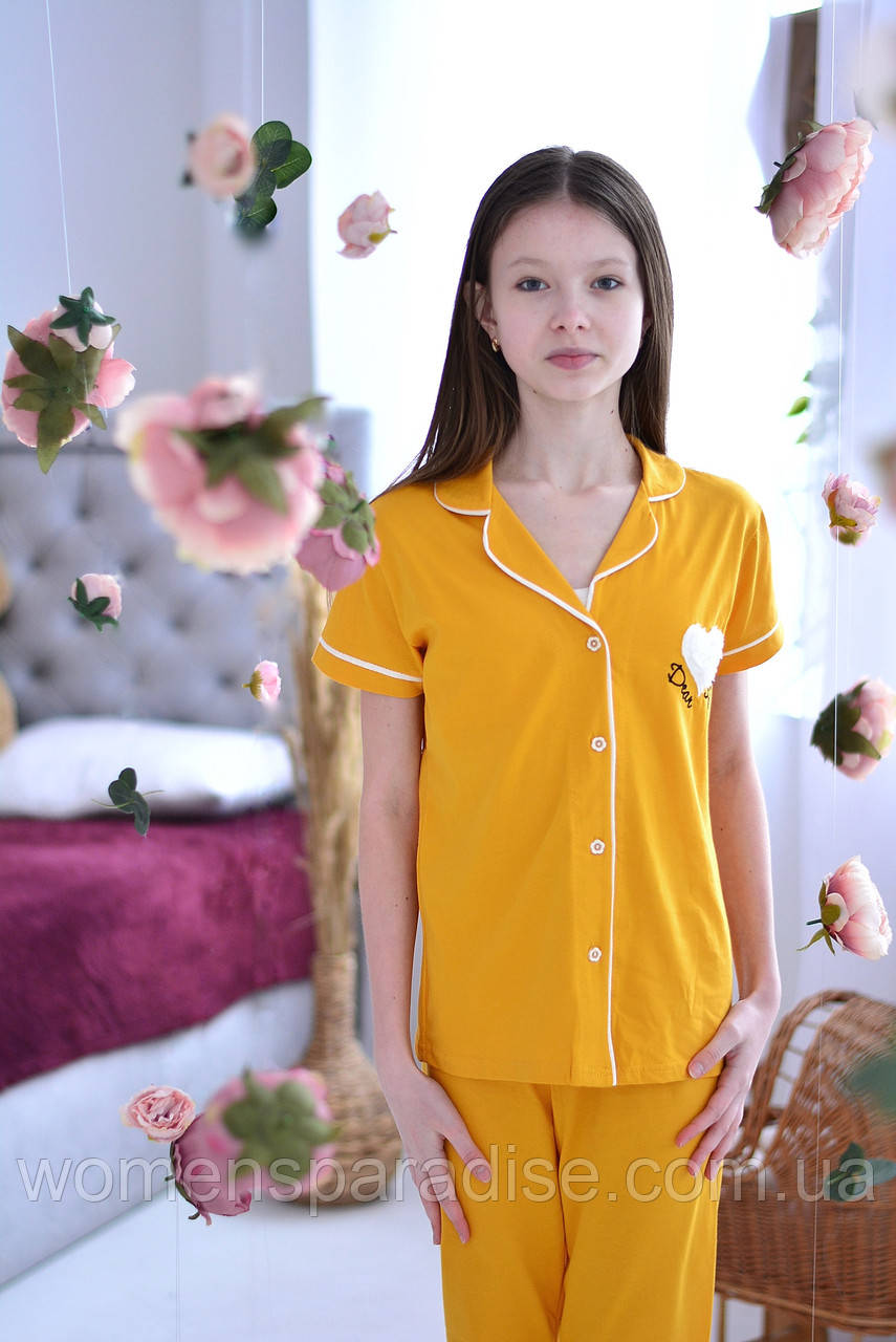 Красивая и стильная детская пижама для девочки на пуговицах (штаны и кофта) family look желтая 146-152 - фото 7 - id-p1830062858