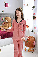 Красивая и стильная детская пижама для девочки на пуговицах (штаны и кофта) пудра 116-122