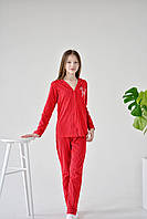 Красивая и стильная детская пижама для девочки на пуговицах (штаны и кофта) вертикальная полоска красная