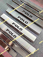 Накладки на пороги Фольксваген Поло 6 (4двери) VOLKSWAGEN POLO VI 4D *2017- Премиум комплект нерж