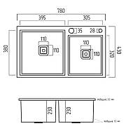Кухонная мойка Platinum Handmade HDB 780х430х230 на две чаши (квадратный сифон, 3.0/1.0)