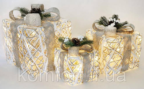 Набір декоративних подарунків — 3 коробки 15х20 см, 20х25 см, 25х30 см з LED-підсвіткою, білий із бежевими бантами, фото 2