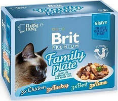 Вологий корм для котів Brit Premium Cat Family Plate Gravy pouches 1020 г асорті з 4 смаків "Сімейна тарілка"