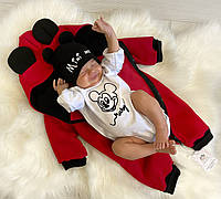 Ромпер косуха, трикотажный комбинезон детский Микки Красный 74-80