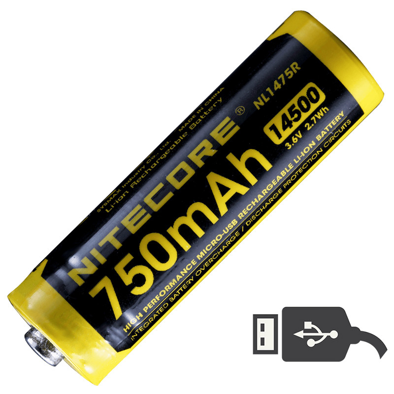 Акумулятор літієвий Li-Ion 14500 Nitecore NL1475R 3.6 V (750mAh, USB), захищений