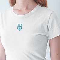 Патриотическая футболка хлопковая женская белая с голубым тризубом