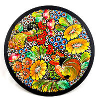 Тарілка декоративна кругла Петриківський розпис із дерева 30см малюнок ПІВНИК і СОЛОВЕЙ Український сувенір