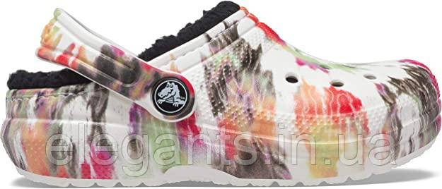 Жіночі теплі сабо Crocs Classic Lined Tie-Dye Clog Black/Multi — крокси з хутром, тай-дай принт, мультиколор, фото 1