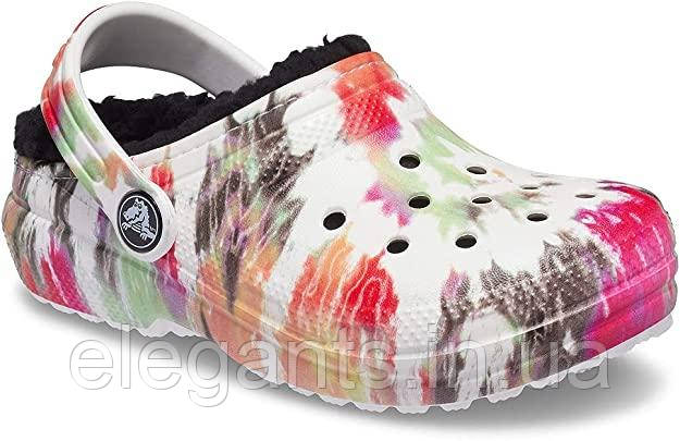 Жіночі теплі сабо Crocs Classic Lined Tie-Dye Clog Black/Multi — крокси з хутром, тай-дай принт, мультиколор, фото 3
