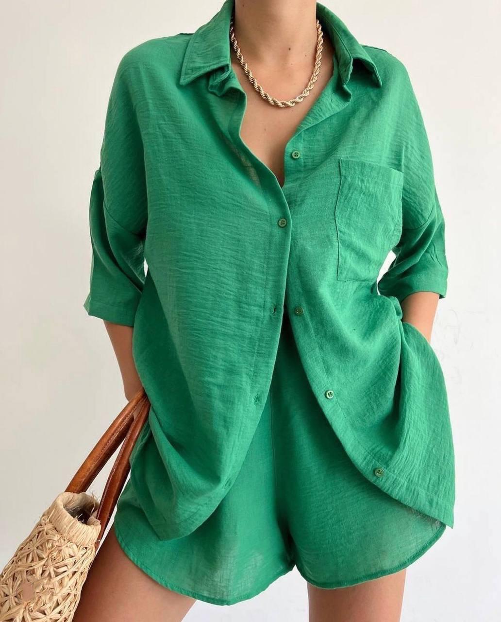 Жіночий літній комплект однотонний - сорочка і шорти (42-44,46-48), Зелений