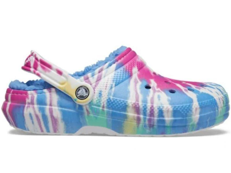 Жіночі теплі сабо Crocs Classic Lined Tie-Dye Clog Powder Blue/Multi — крокси з хутром, блакитний тай-дай, оригінал