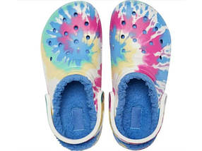 Жіночі теплі сабо Crocs Classic Lined Tie-Dye Clog Powder Blue/Multi — крокси з хутром, блакитний тай-дай, оригінал, фото 4