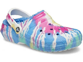 Жіночі теплі сабо Crocs Classic Lined Tie-Dye Clog Powder Blue/Multi — крокси з хутром, блакитний тай-дай, оригінал, фото 5