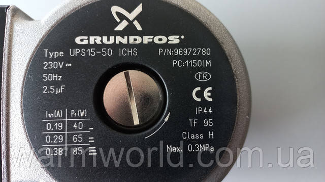 Type UPS15-50 ICHS P/N: 96972780 230V 50Hz 2.5mF IP44 TF 95 Class H Max 0.3Mpa  I (A) P (W) 0.19 40 0.29 65 0.38 85