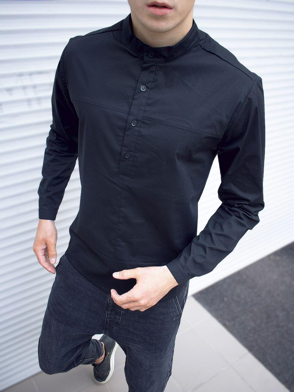 Чоловіча класична сорочка чорна бавовняна однотонна комір-стійка