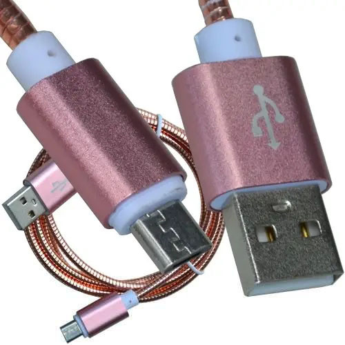 Шнур штекер USB А - штекер micro USB, 1м, метал.ізоляція, рожевий, блакитний