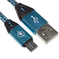 Шнур штекер USB А - штекер micro USB, в сітці, 1м, синій