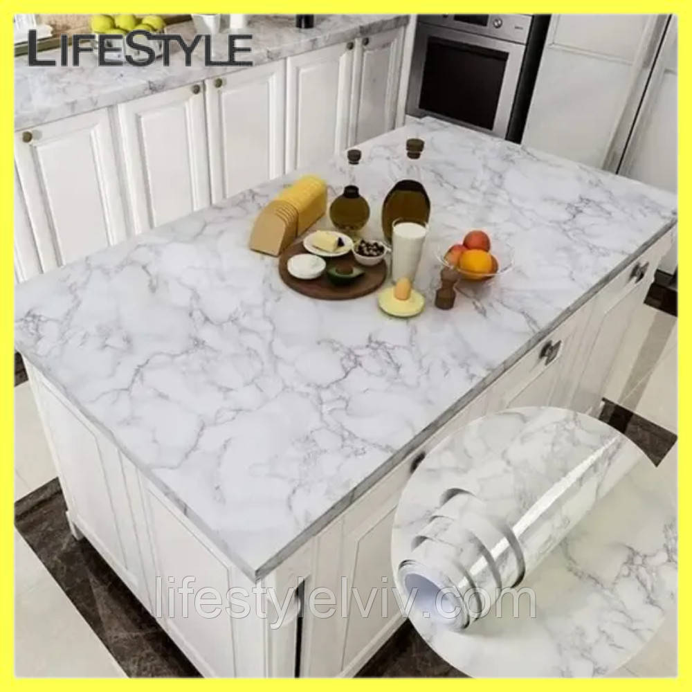Самоклеюча плівка під мармур 2 м, Білий мармур / Плівка для кухонної поверхні, фото 1