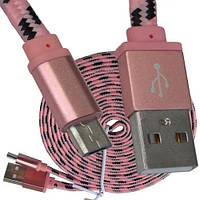 Шнур, штекер USB А - штекер miсroUSB (Samsung), сітка, 3метра, рожевий