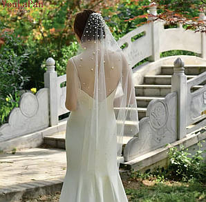 Фата весільна розкішна с жемчугом 1 м, натурально біла  фата, свадебная фата с бусинами