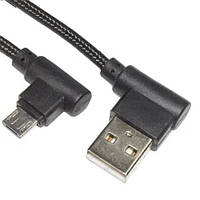 Шнур штекер USB А кутовий - штекер micro USB кутовий, в сітці, 1м, чорний