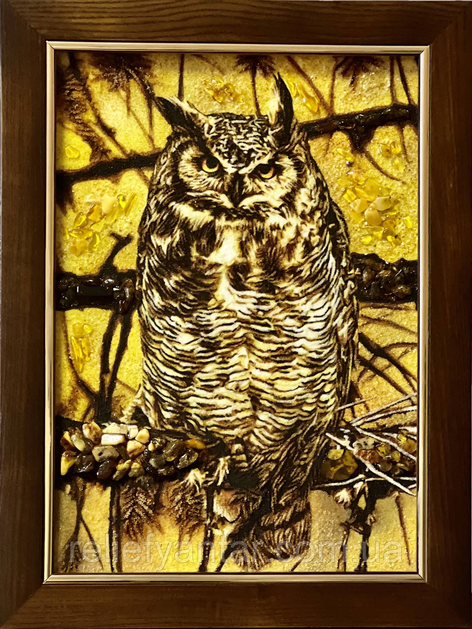 Картина из янтаря " Сова " 30x40 см, Картина з бурштину Сова