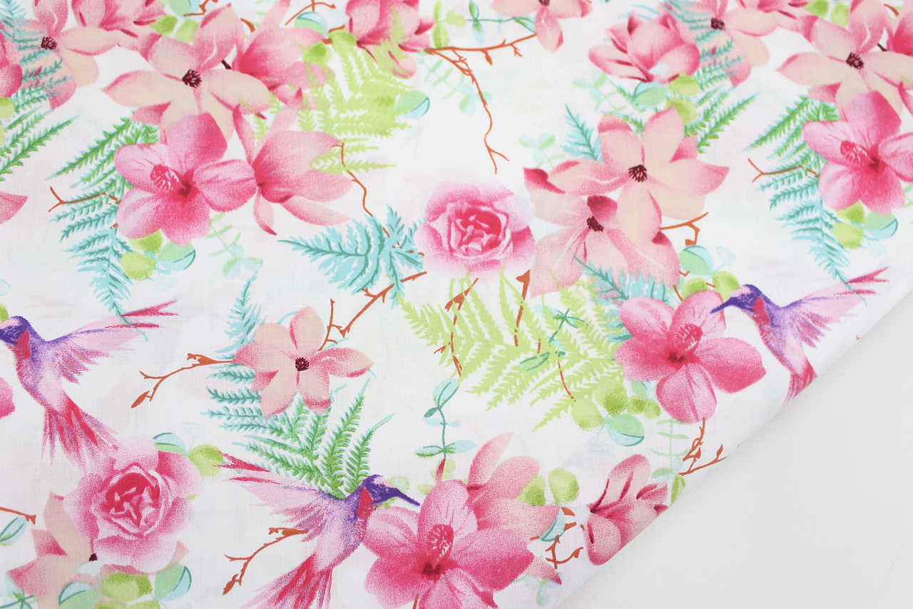 Бавовняна тканина "Колібрі в кольорах" на білому тлі No1591, фото 1