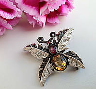 Срібна Брошка "Метелик" з натуральними Цитрином, Гранатом родолітом і Сапфірами
