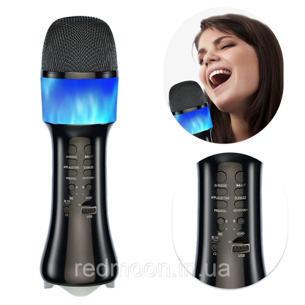 Бездротовий мікрофон караоке Q99 з функцією фонограми / Мікрофон-колонка зі світломузикою та USB, фото 1