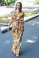 Літня сукня в підлогу гірчична вільна жіноча сукня довга в квіточку з поясом розмір 42-46