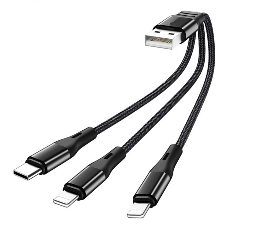 USB кабель Primo X47-3 3-in-1 Type-C / 2 x iPhone короткий 20см - Black, фото 1