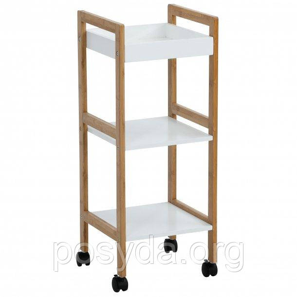 Етажерка бамбук 3-ярусна прямокутна з полицями МДФ 30x75,5x28,5 см на колесах, фото 1