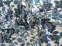 Ткань Коттон стрейч принт сине-голубой цветочный орнамент на белом фоне
