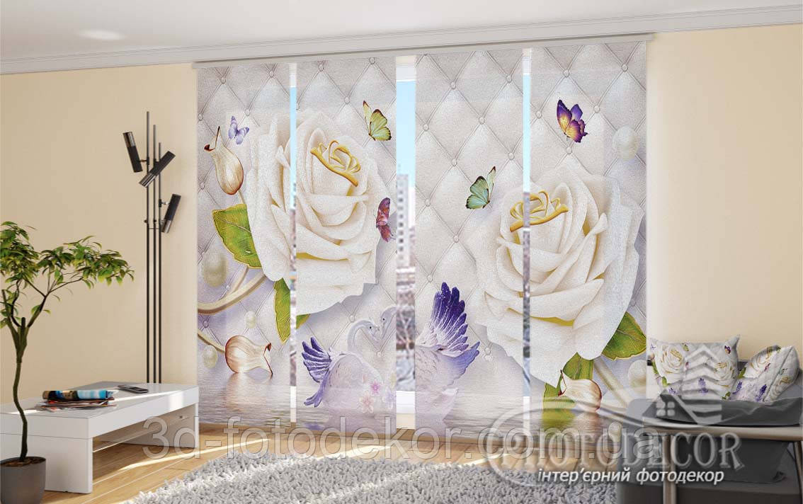 Японські фото штори "3D Троянди та лебеді" - Будь-який розмір. Читаємо опис!