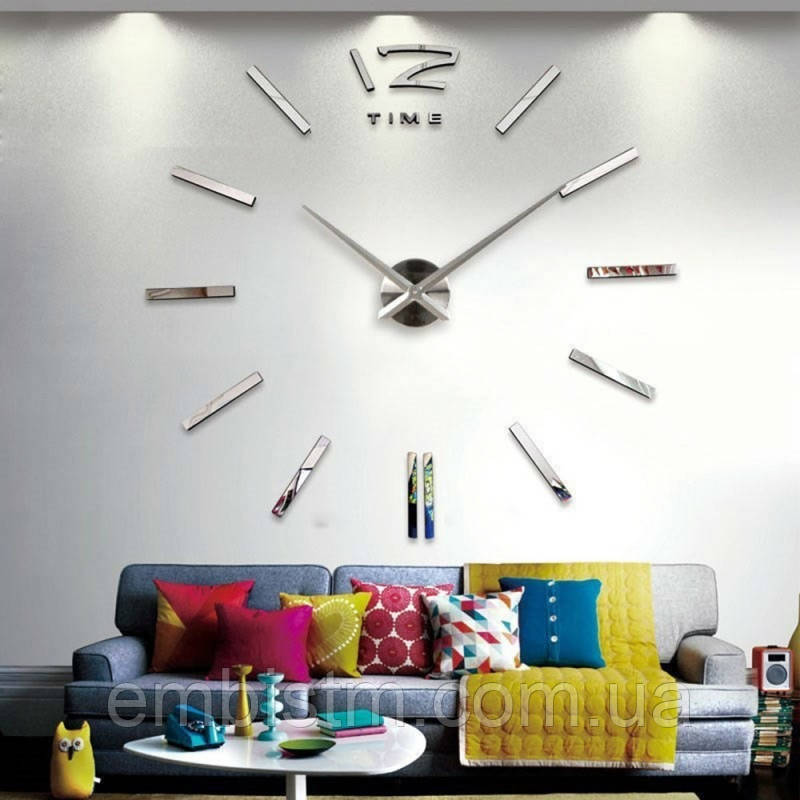 Годинник настінний 3D DIY Clock Великі Сріблясті Стрілка 31 см Незвичайний 3Д Наклейка стикер для дому та офісу