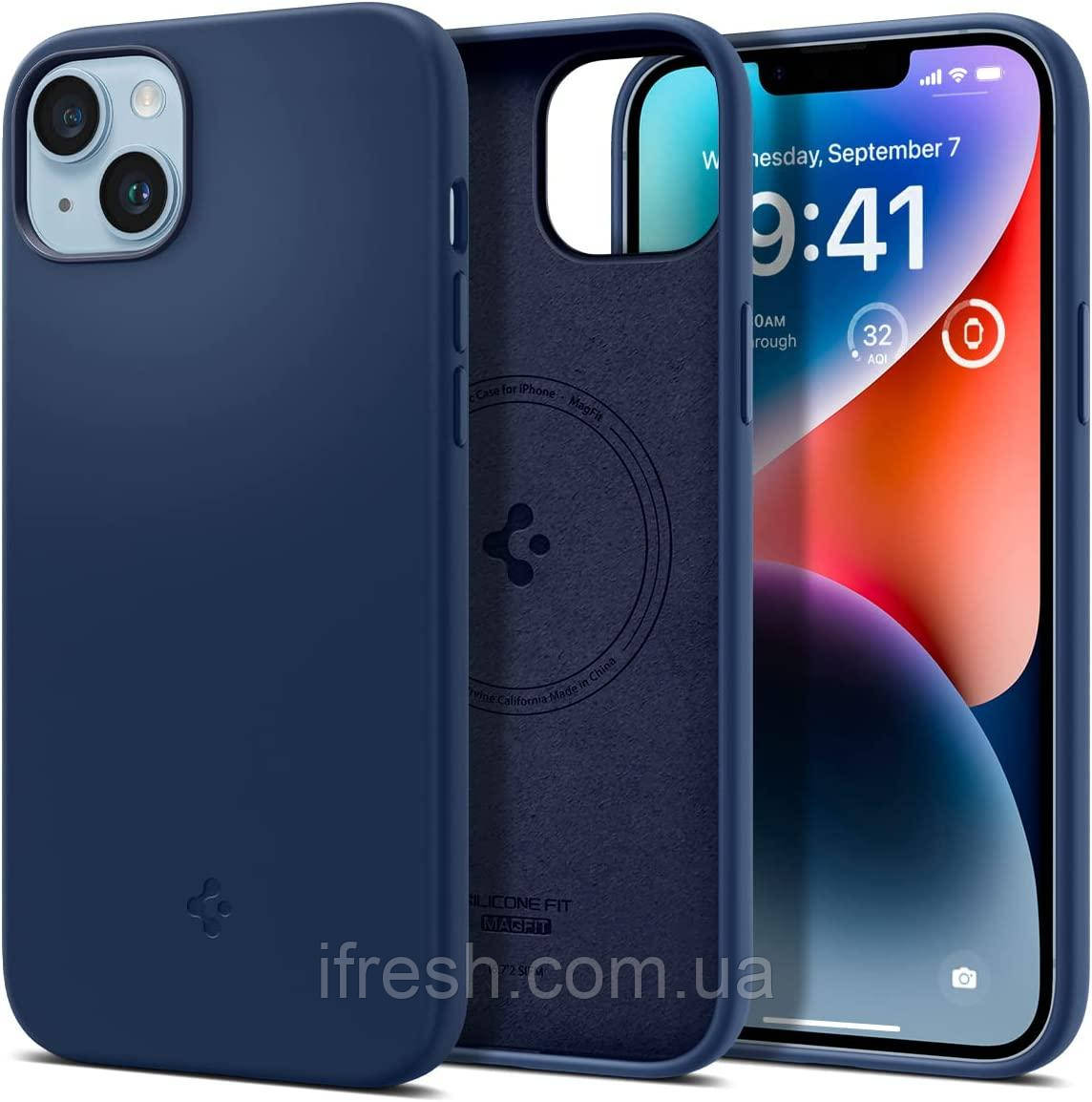 Чохол Spigen для iPhone 14 - Silicone Fit MAG, Navy Blue (ACS05068), фото 1