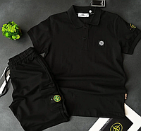 Костюм мужской Stone Island шорты и футболка поло черный летний спортивный комплект лето стильный качественный