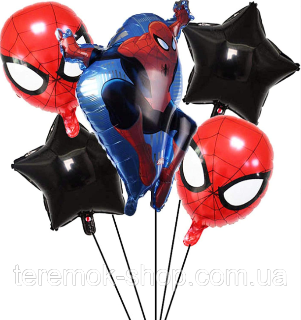 Набір фольгованих куль Людина павук 5 шт, фігурні надувні кулі Спайдермен червона маска